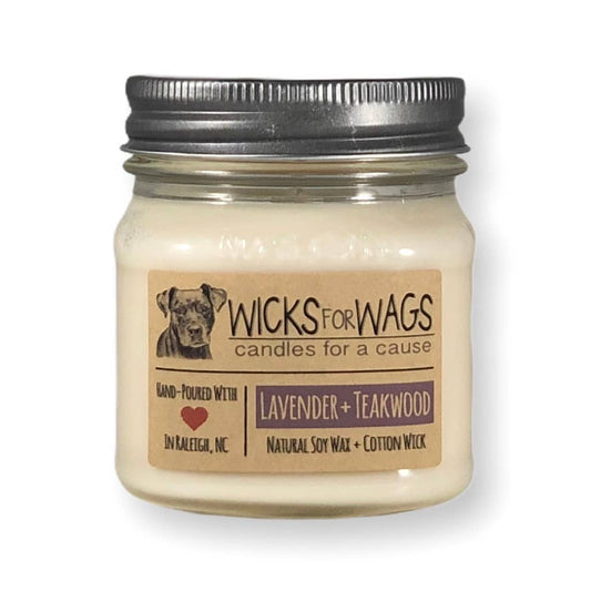 Lavender + Teakwood | 8 oz Candle | Wicks for Wags Candle